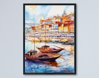 Póster de acuarela de Oporto Arte mural de Oporto Colgante de pared Decoración del hogar Regalo de Oporto Amantes del arte Regalo para amantes del arte de Portugal Arte mural de Portugal