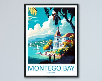Può includere: Un poster vintage di viaggio con un'illustrazione colorata di un edificio bianco con tetto rosso, palme e una barca a vela su uno specchio d'acqua blu. Il testo "MONTEGO BAY CARAIBI" è in fondo al poster.