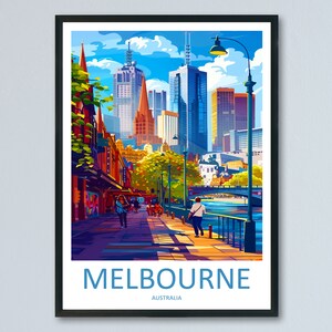 May include: A colourful illustration of the Melbourne skyline with a river and a bridge in the foreground. The text "MELBOURNE" and "AUSTRALIA" is at the bottom of the image.