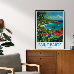 May include: A colorful illustration of a tropical island scene with a beach, turquoise water, and palm trees. The text "SAINT BARTS CARIBBEAN" is at the bottom of the image.