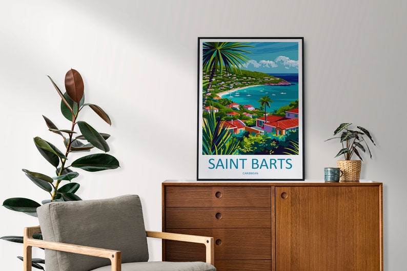 May include: A colorful illustration of a tropical island scene with a beach, turquoise water, and palm trees. The text "SAINT BARTS CARIBBEAN" is at the bottom of the image.
