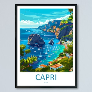 Puede incluir: Una ilustración colorida de la isla de Capri, Italia. La imagen muestra una vista de la costa con barcos en el agua turquesa, acantilados y un pueblo en la distancia. El texto "CAPRI ITALIA" está en la parte inferior de la imagen.