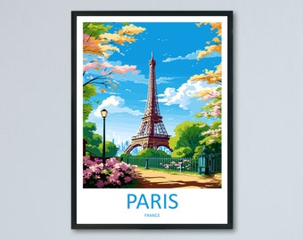 Könnte beinhalten: Eine farbenfrohe Illustration des Eiffelturms in Paris, Frankreich. Der Turm ist von Bäumen und Blumen umgeben, mit blauem Himmel und weißen Wolken im Hintergrund. Der Text "PARIS" und "FRANKREICH" ist unter dem Bild gedruckt.
