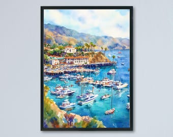 Póster de acuarela de la Isla Catalina, California, impresión de viaje, arte de pared, decoración del hogar, regalo de la Isla Catalina, naturaleza