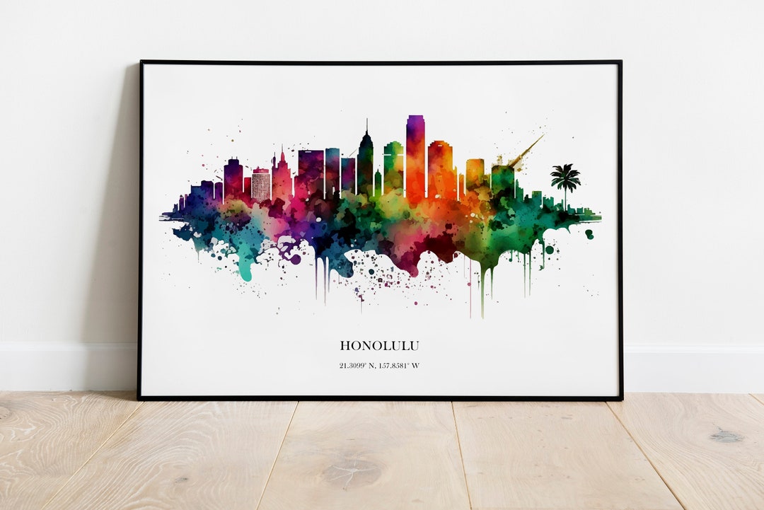 Honolulu Watercolour Skyline Print Honolulu Cityscape Honolulu Home