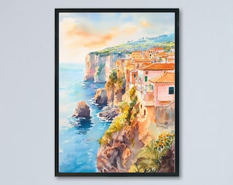 Poster acquerello di Sorrento, stampa di viaggio di Sorrento, arte murale di Sorrento, dipinto della costa di Sorrento, souvenir di Sorrento, decorazione Italia