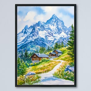 Französische Alpen Aquarell Poster Alpen Reise Druck Frankreich Wandkunst Französische Alpen Dekor Bergszene Skiressort Landschaft Naturansicht Druck