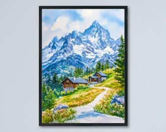 French Alps Watercolor Poster Alps Travel Print France Wall Art French Alps Decor Mountain Scene Ski Resort Landscape Nature View Print