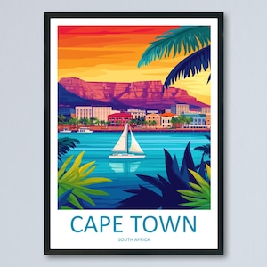 Impresión de viaje de Ciudad del Cabo, arte mural de Sudáfrica, póster de paisaje urbano, decoración costera, regalo para amantes de la naturaleza, impresión artística de Table Mountain