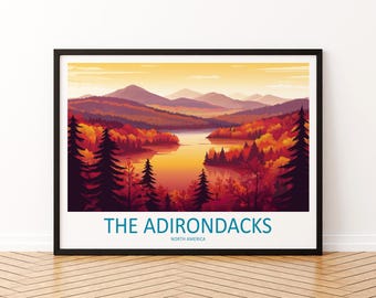 The Adirondacks USA Landscape Travel Poster Scenic Mountain Wilderness Wall Art Forest Lakes Print Nature Decor Adirondack Mountains Artwork