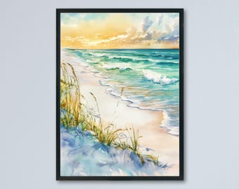 May include: Watercolor painting of a beach scene with a black frame. The artwork depicts a sandy beach, turquoise ocean waves, and a golden sunset. Sea oats and dune grass are in the foreground. The painting evokes a sense of tranquility and coastal beauty.