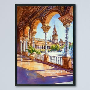 Seville Watercolor Poster Spain Travel Print Wall Art Home Decor Gift Spanish City Souvenir Alcazar Cathedral Plaza Wall Decor Hanging