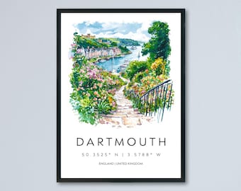 Dartmouth Watercolor Poster Dartmouth Travel Print Dartmouth Wall Art Seaside Painting Dartmouth Souvenir Devon Decor