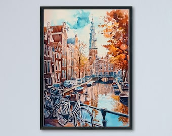 Póster de acuarela de Ámsterdam, arte mural, colgante de pared de Ámsterdam, decoración del hogar, regalo de Ámsterdam, amantes del arte, arte mural de los Países Bajos