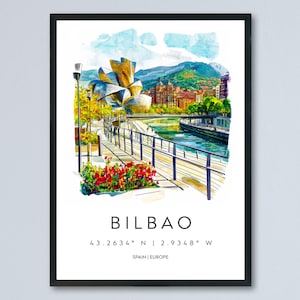Bilbao Watercolor Poster Bilbao Travel Print Spain Wall Art Bilbao Decor Guggenheim Scene River City View Basque Country Landscape Print