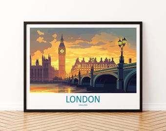 Póster turístico con paisaje de Londres, Inglaterra. Arte mural de la ciudad escénica. Impresión arquitectónica del Reino Unido. Decoración europea. Horizonte de Londres. Obra de arte histórica.