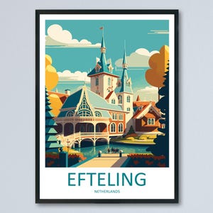 May include: A colorful illustration of a fairytale castle with a moat and a bridge. The castle is surrounded by trees and the text "Efteling Netherlands" is at the bottom of the image.