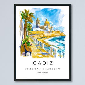 Cadiz Watercolor Poster Cadiz Travel Print Spain Wall Art Cadiz Decor Coastal City Scene Cathedral Beach Spanish View Seaside Landscape