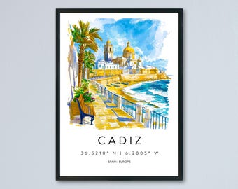 Cadiz Aquarell Poster Cadiz Reise-Druck Spanien Wandkunst Cadiz Dekor Küstenstadt Szene Kathedrale Strand Spanische Ansicht Küstenlandschaft