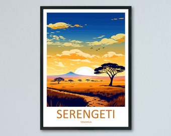 May include: A colourful illustration of a sunset over the Serengeti National Park in Tanzania. The image features a large sun, a mountain range in the distance, and a few trees in the foreground. The text "SERENGETI" and "TANZANIA" is printed below the image.