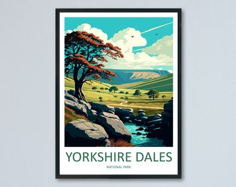 May include: A colorful illustration of a landscape with a large tree, a winding path, and a stream flowing through rocks. The text "Yorkshire Dales National Park" is at the bottom of the image.