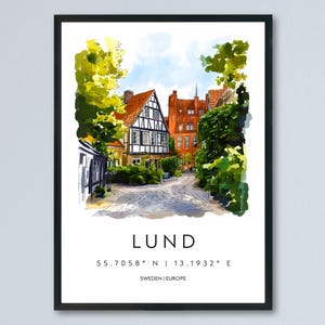 Póster de acuarela de Lund, arte mural, decoración de pared de Lund, decoración del hogar, regalo de Lund, regalo para amantes del arte sueco, impresión de recuerdo de viaje