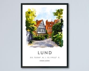 Lund Watercolor Poster Wall Art Lund Wall Decor Home Décor Lund Gift Sweden Art Lover Gift, Travel Souvenir Print