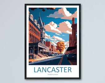 Puede incluir: Una ilustración de estilo vintage de una escena callejera en Lancaster, Pensilvania. La imagen presenta un edificio de ladrillo con una alta aguja, un árbol con hojas amarillas y coches conduciendo por la calle. El texto "LANCASTER" y "PENNSYLVANIA" se muestra en la parte inferior de la imagen.