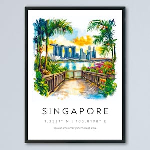 Singapore Watercolor Poster Singapore Travel Print Singapore Wall Art Cityscape Painting Singapore Souvenir Asia Decor