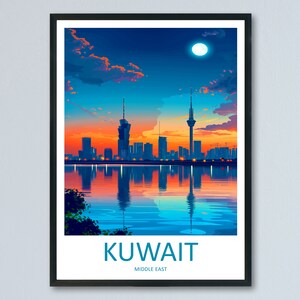 May include: A colourful illustration of the Kuwait skyline at sunset, featuring a tall tower and a crescent moon in the sky. The text "KUWAIT" and "MIDDLE EAST" are printed below the image.