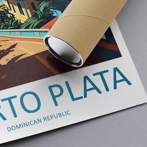 May include: A vintage travel poster featuring a colourful illustration of a beach scene with palm trees, a building, and a road. The text "Puerto Plata, Dominican Republic" is printed in blue at the bottom of the poster.