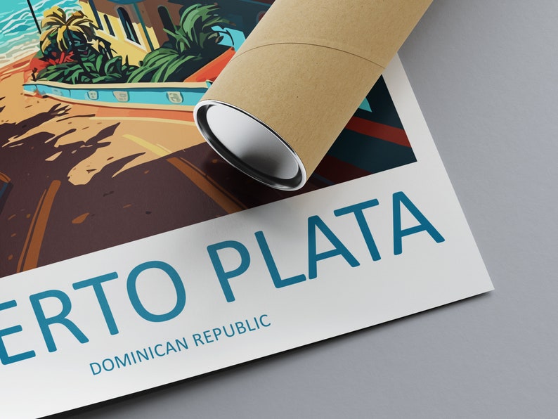May include: A vintage travel poster featuring a colourful illustration of a beach scene with palm trees, a building, and a road. The text "Puerto Plata, Dominican Republic" is printed in blue at the bottom of the poster.