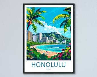 May include: A colourful illustration of Honolulu, Hawaii, with palm trees, a beach, and the city skyline in the background. The text "HONOLULU" and "HAWAII" is at the bottom of the image.