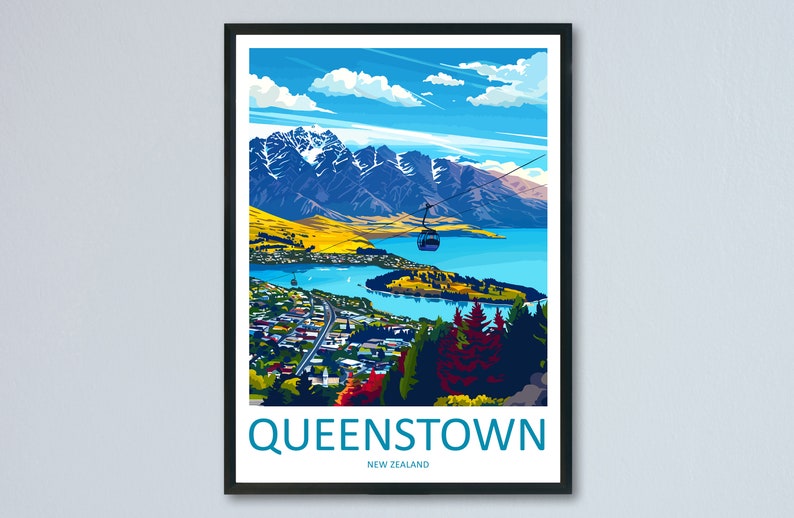 May include: A colourful illustration of Queenstown, New Zealand, featuring a cable car ascending a mountain overlooking a lake and city. The text "QUEENSTOWN" and "NEW ZEALAND" are displayed at the bottom of the image.