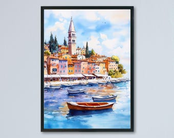 Plakat z akwarelą w Rovinj, dekoracja ścienna do domu, Rovinj, prezent dla miłośników sztuki, Chorwacja, sztuka ścienna