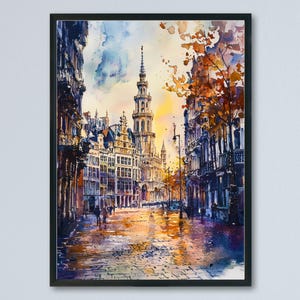 Brussels Watercolor Poster Brussels Travel Print Belgium Wall Art Brussels Cityscape Decor Grand Place Architecture Europe Scene Print