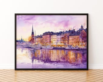 スウェーデン・ストックホルムの水彩画、ガムラ・スタンの絵画