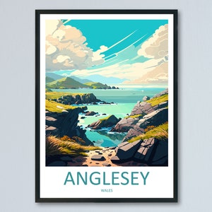 May include: A colorful illustration of a rocky coastline with a turquoise ocean and a bright blue sky. The text "Anglesey, Wales" is at the bottom of the image.
