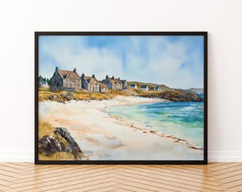 Isle of Iona Skottland Akvarell Poster Iona Resetryck Kustlandskapsmålning Skotska öar Väggkonst Storbritannien Souvenir