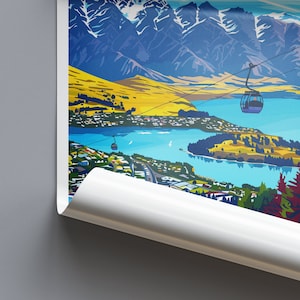 May include: A colourful illustration of a mountain range with a lake and a city in the foreground. A cable car is visible in the sky.