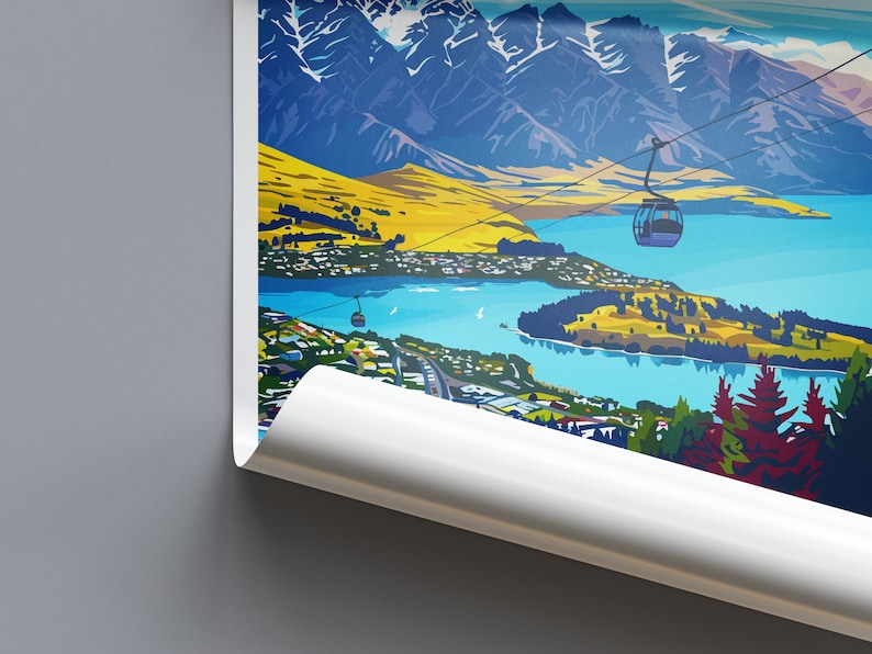 May include: A colourful illustration of a mountain range with a lake and a city in the foreground. A cable car is visible in the sky.
