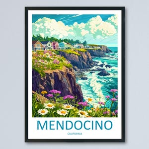 Mendocino Travel Poster California Wall Art Coastal Village Print Ocean Cliff Illustration Redwood Coast Decor Mendocino Gift Souvenir