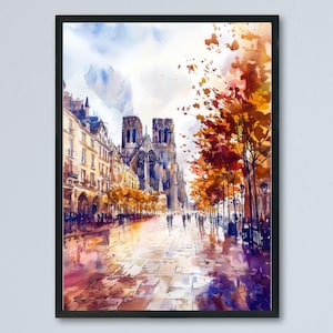 Reims Aquarell Poster Reims Reisedruck Frankreich Wandkunst Reims Kathedrale Dekor Champagner Stadtszene Französische Architektur Landschaftsdruck