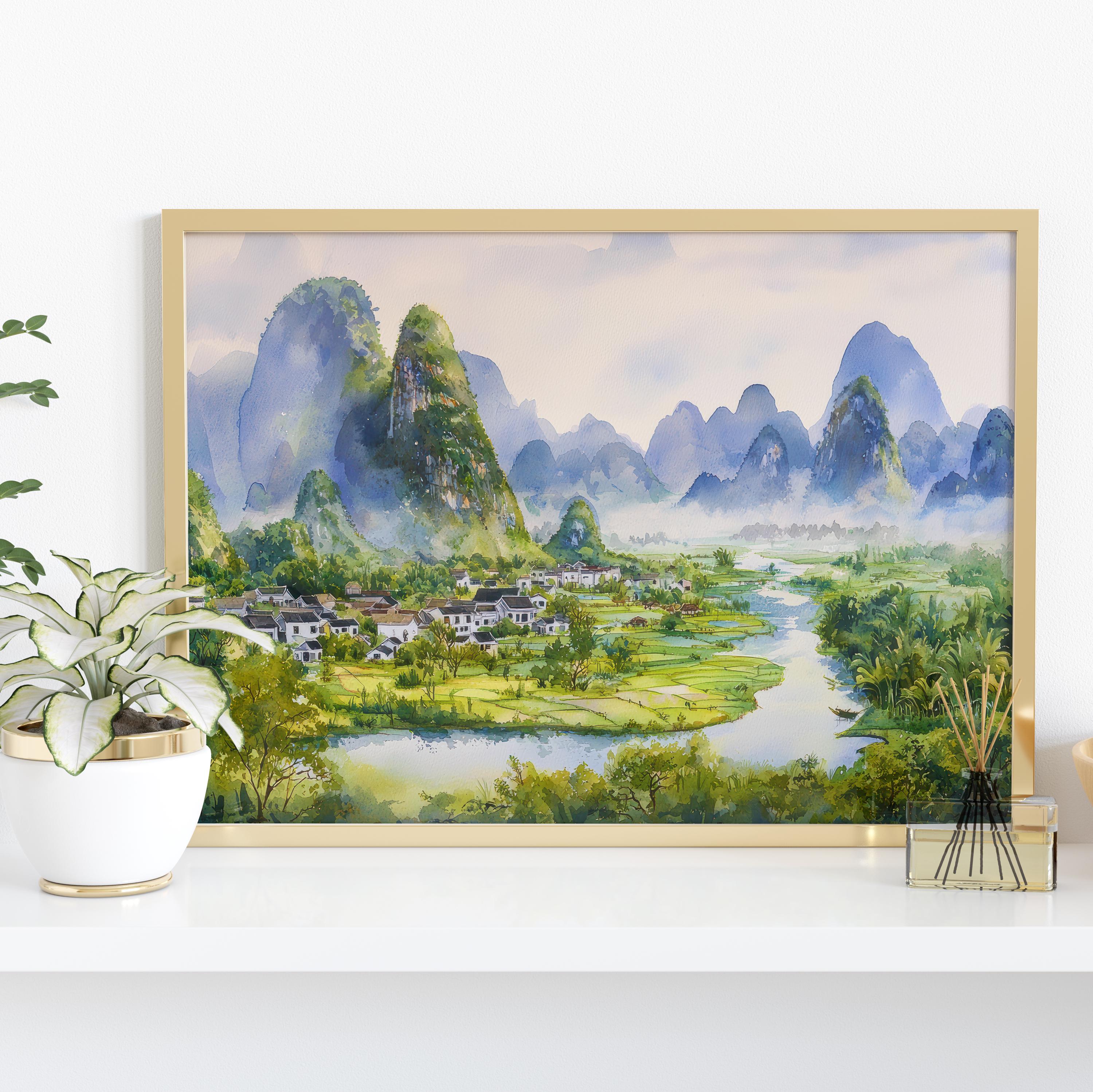 Yangshuo China Watercolor Poster Yangshuo Travel Print Karst