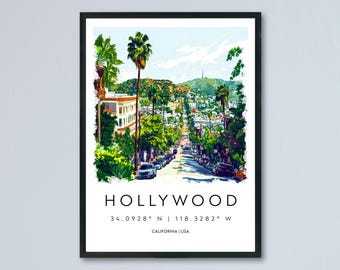 Hollywood aquarel poster Hollywood Californië reizen print muur kunst Hollywood Home decor Hollywood cadeau kunstliefhebbers Hollywood Sign