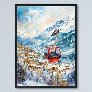 May include: Watercolor painting of a ski resort scene. A red cable car ascends towards snow-covered mountains. Below, a village of buildings with brown roofs is nestled in a snowy landscape. The sky is a mix of blue, white, and yellow.