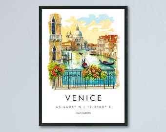 May include: Watercolor painting of Venice, Italy, featuring gondolas on a canal, buildings with red tile roofs, and a domed church. The image includes the city's name, coordinates, and location.