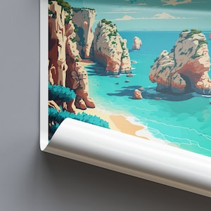 May include: A colorful illustration of a beach scene with rocky cliffs and turquoise water. The cliffs are a mix of brown, orange, and white, and the water is a vibrant blue-green. The beach is a light tan color.