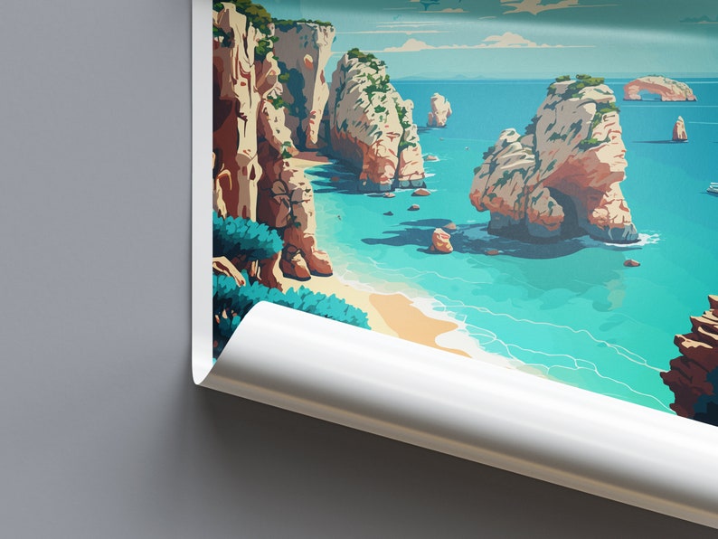 May include: A colorful illustration of a beach scene with rocky cliffs and turquoise water. The cliffs are a mix of brown, orange, and white, and the water is a vibrant blue-green. The beach is a light tan color.