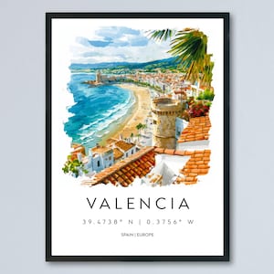 Valencia Watercolor Poster Valencia Travel Print Spain Wall Art Valencia Decor City of Arts Scene Beach View Historic Landscape Print
